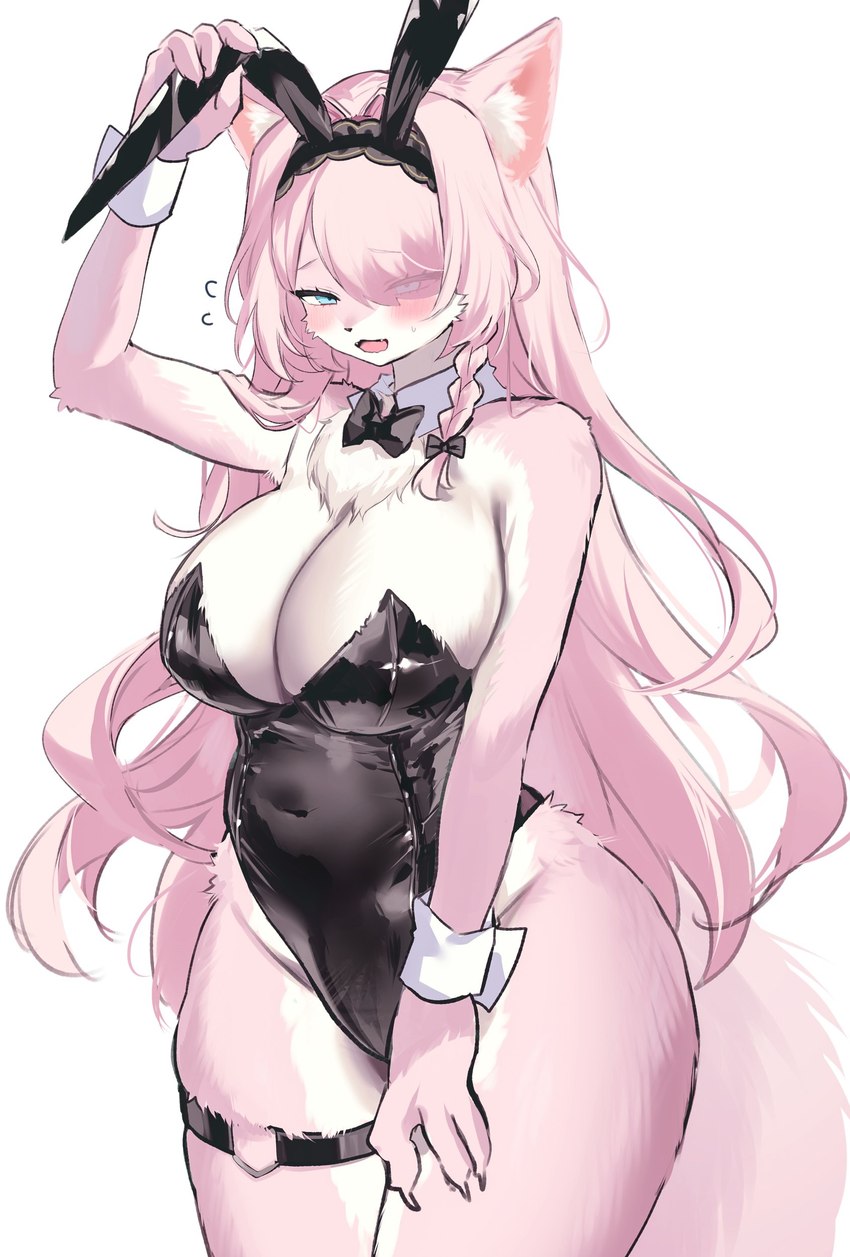 anthro big_breasts black_clothing black_leotard blue_eyes braided_hair breasts bunny_costume chest_tuft clothing costume eye_through_hair eyebrow_through_hair eyebrows eyelashes fake_ears fake_rabbit_ears female fur hair inner_ear_fluff kemono legband leotard pink_body pink_fur pink_hair shirt_collar shirt_cuffs solo thighband translucent translucent_hair tuft white_body white_fur wide_hips inuuuuuuuun canid canine canis mammal 2025 absurd_res hi_res