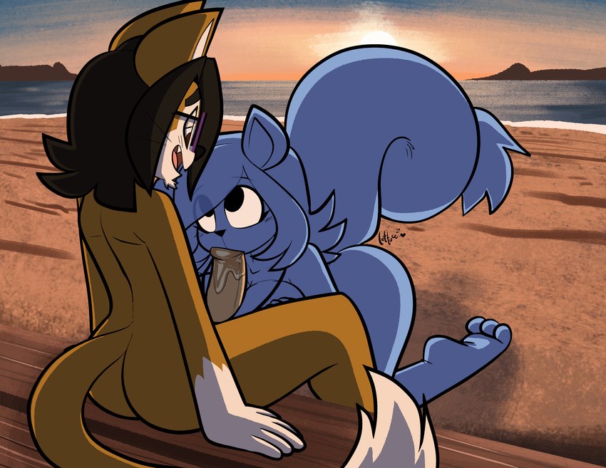 3_toes anthro anthro_on_anthro beach big_penis black_eyebrows black_eyes black_hair black_nose blue_body blue_fur blue_hair blush blush_lines bodily_fluids brown_eyes butt cute_fangs detailed_background dipstick_tail duo dusk eye_contact eye_through_hair eyebrow_through_hair eyebrows eyewear eyewear_only fangs feet fellatio female female_anthro fur genitals glasses glasses_only hair half-closed_eyes kneeling kneeling_oral_position looking_at_another looking_at_partner looking_down looking_down_at_another looking_down_at_partner looking_up looking_up_at_another looking_up_at_partner male male/female male_anthro markings multicolored_body multicolored_fur narrowed_eyes nude nude_anthro nude_female nude_male open_mouth open_smile oral outside penile penis plantigrade sex sex_on_the_beach sitting smile smiling_at_another smiling_at_partner sunset tail tail_markings teeth text toes translucent translucent_hair two_tone_body two_tone_fur water wearing_glasses whiskers white_body white_fur white_tail_tip yellow_body yellow_fur lettuce_(artist) lettuce_(latexia) peter_(felino) felid mammal rodent sciurid tree_squirrel 2020 absurd_res artist_name digital_media_(artwork) hi_res