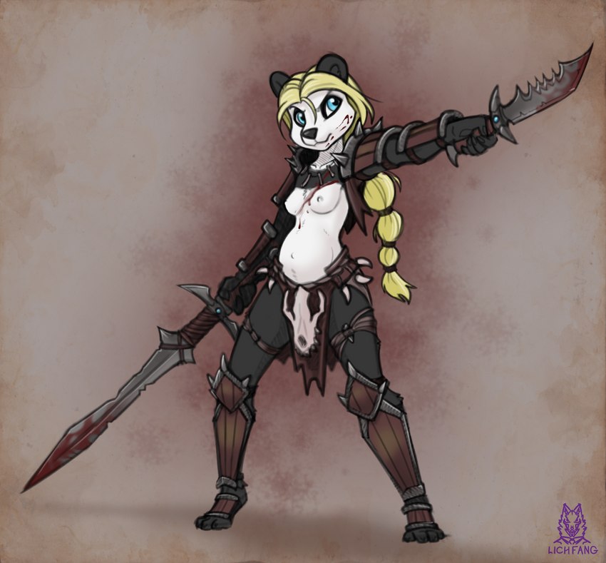 anthro arm_armor armor black_body black_nose blonde_hair blood blood_on_face blue_eyes bodily_fluids bone bone_necklace bottomwear braided_hair braided_ponytail breasts clothed clothing countershade_face countershade_torso countershading dual_wielding female front_view hair holding_knife holding_melee_weapon holding_object holding_sword holding_weapon jewelry knife leg_armor loincloth melee_weapon multicolored_body navel necklace nipples partially_clothed plantigrade ponytail pregnant pregnant_anthro pregnant_female simple_background skull_symbol solo spikes standing sword two_tone_body unconvincing_armor weapon white_body lichfang jalka bear giant_panda mammal 2019 hi_res