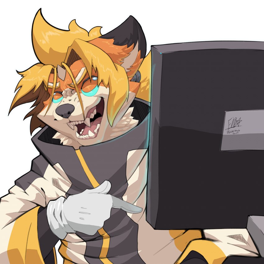 anthro bodily_fluids crying_laughing electronics gesture hand_gesture laugh male monitor pointing smile solo tears iaian_luxo_fox canid canine fox mammal 1:1 absurd_res hi_res meme