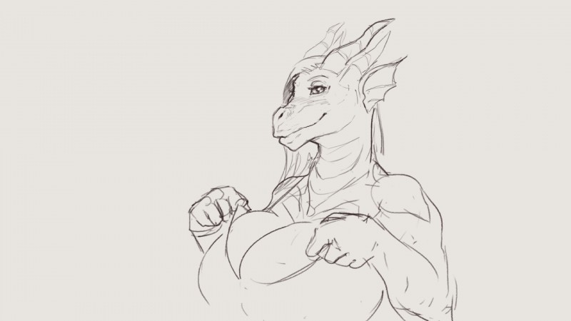 anthro big_breasts breasts curvy_figure female horn huge_breasts looking_at_viewer non-mammal_breasts solo teasing voluptuous bigbig mythology dragon mythological_creature mythological_scalie scalie 16:9 hi_res sketch widescreen