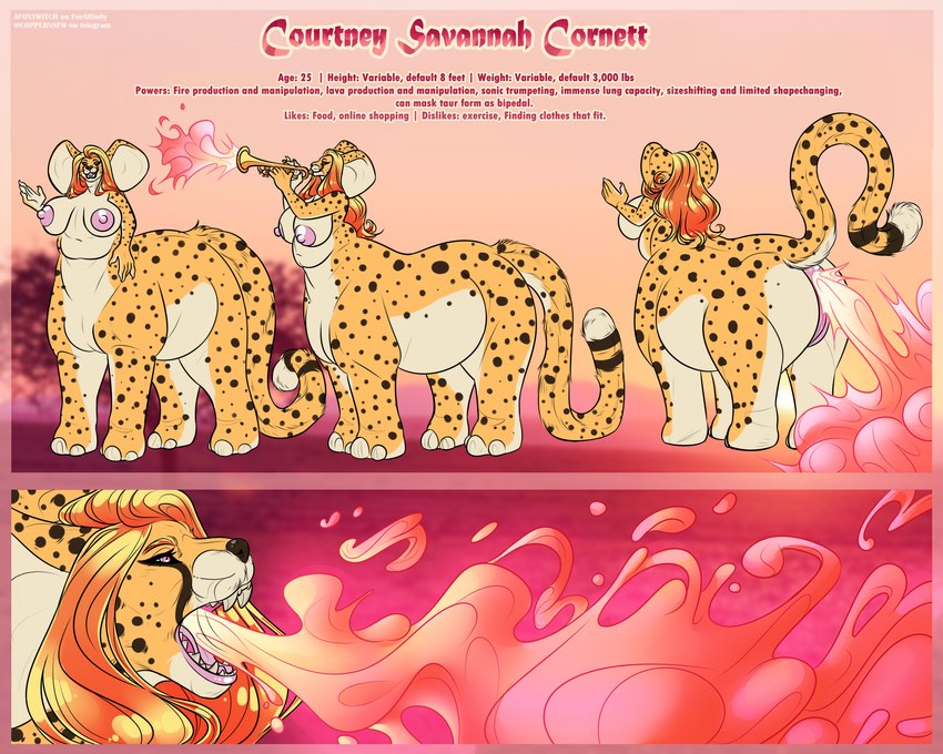 belly big_breasts breasts elephant_ears elephant_toes fart female fire_fart hair lava nipples orange_hair pink_nipples solo afoxywitch cheetah felid feline mammal taur 5:4 absurd_res hi_res