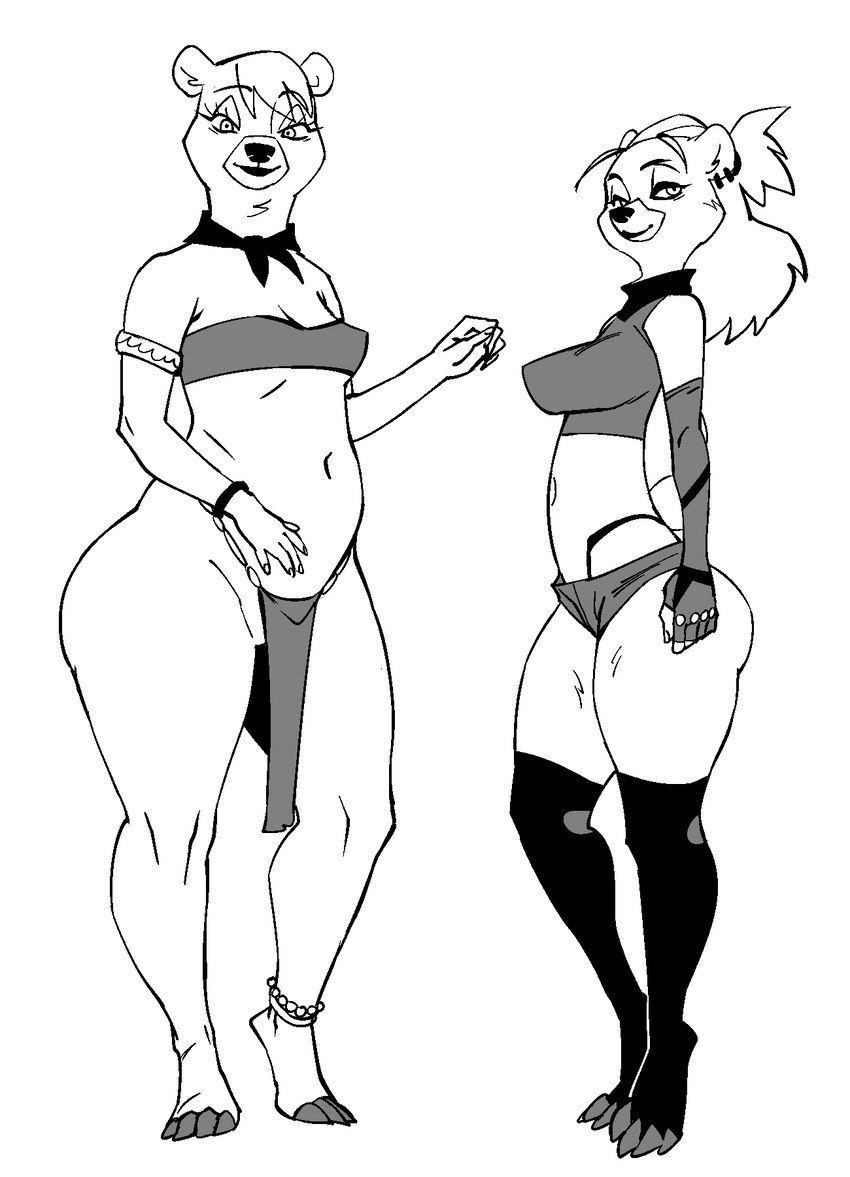 anthro butt clothed clothing duo ear_piercing female partially_clothed piercing thick_thighs wide_hips jijis-waifus disney hanna-barbera talespin yogi_bear cindy_bear fan_character rebecca_cunningham bear mammal hi_res monochrome