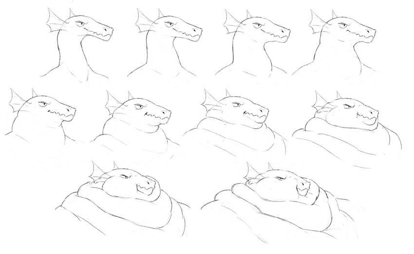 ambiguous_gender anthro big_cheeks chubby_cheeks double_chin fat_rolls male morbidly_obese morbidly_obese_anthro obese obese_anthro overweight overweight_anthro slightly_chubby slightly_chubby_anthro slim solo weight_gain cettus mythology fritjof dragon mythological_creature mythological_scalie scalie 2022 bust_portrait headshot_portrait hi_res monochrome multiple_images portrait sequence sketch male_(lore)