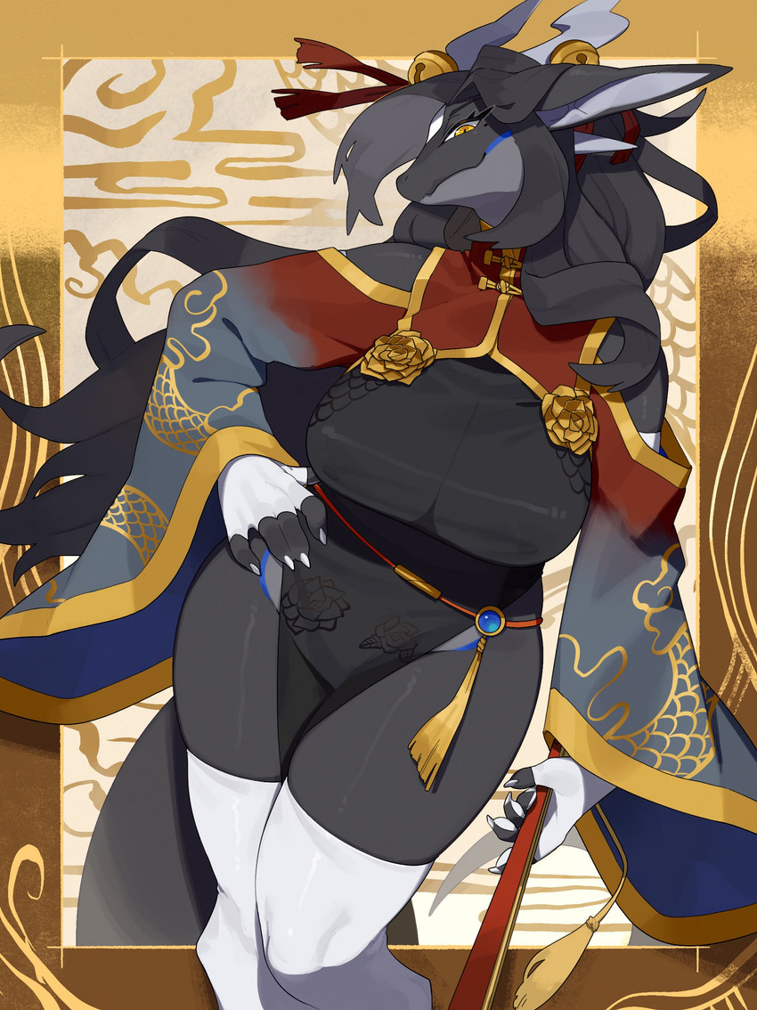 5_fingers anthro areola big_areola big_breasts biped black_body black_hair black_tail breasts claws clothed clothed_anthro clothed_female clothing female finger_claws fingers front_view hair legwear looking_at_viewer nipples non-mammal_breasts non-mammal_nipples smile solo standing tail thick_thighs thigh_highs translucent translucent_clothing wide_hips kame_3 mythology dragon mythological_creature mythological_scalie scalie absurd_res hi_res