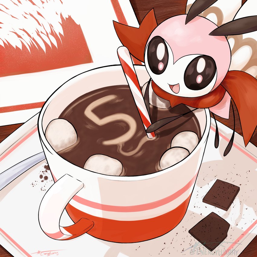 ambiguous_gender beverage candy candy_cane chocolate countershading dessert feral food hot_chocolate looking_at_viewer marshmallow multicolored_body open_mouth open_smile pink_body smile solo stick_calves stick_legs stick_limbs stick_thighs thin_calves thin_legs thin_thighs tongue two_tone_body white_body energyluxray nintendo pokemon generation_7_pokemon pokemon_(species) ribombee shiny_pokemon 1:1 2023 absurd_res artist_name hi_res signature