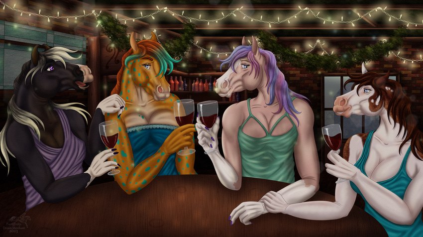 5_fingers alcohol anthro beverage blue_eyes bottle breasts brick_wall brown_hair brown_mane clothed clothing colored_nails container cup detailed_background dress drinking_glass eyebrows eyelashes facial_markings female fingers furniture glass glass_container glass_cup group hair hand_on_belly hand_on_wrist head_markings looking_at_another mane markings multicolored_body multicolored_hair nails open_mouth purple_eyes smile table teeth two_tone_body two_tone_hair wall_(structure) window wine wine_glass dream_merchant calima_(character) morrigan_(morrigan_the_marwari) scarla_(scarlanya) sophistique_(dream_merchant) equid equine horse mammal marwari 2023 digital_media_(artwork) hi_res