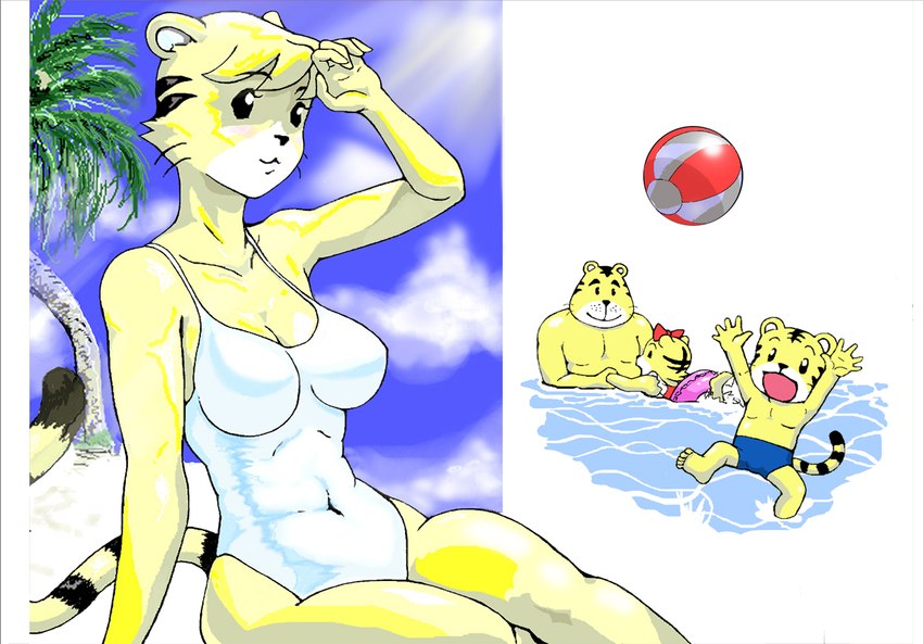 anthro black_body black_fur black_tail blonde_hair blue_clothing blue_swimwear breasts clothed clothing collarbone female fingers fur hair open_mouth sakura_shimano swimwear tail topless water white_clothing white_swimwear yellow_body yellow_fur yellow_tail young young_anthro ikkoku shima_shima_tora_no_shimajirou sakura_(shima_shima_tora_no_shimajirou) felid mammal pantherine tiger 2009