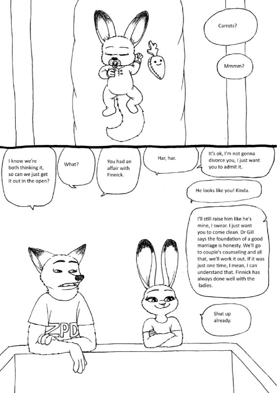 anthro baby clothing female group male simple_background speech_bubble text toy_carrot white_background young young_anthro bernielover disney zootopia bibi_wilde judy_hopps nick_wilde canid canine fox hybrid lagomorph leporid mammal rabbit red_fox true_fox comic english_text hi_res monochrome