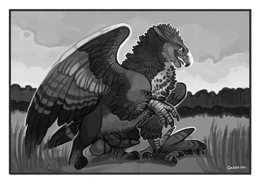 balls beak border claws cloud countershade_torso countershading digitigrade erection feathered_wings feathers feral finger_claws genitals grass looking_aside male open_mouth penis plant quadruped scuted_arms scutes sky smile solo tail tail_feathers toe_claws tongue white_border wings jagal mythology bhaskara avian gryphon mythological_avian mythological_creature alternate_version_at_source greyscale hi_res monochrome signature