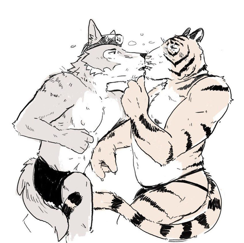 anthro breath clothed clothing duo eyes_closed hand_on_chin holding_face jockstrap jockstrap_only kissing looking_at_another male male/male mining_helmet muscular muscular_anthro muscular_male scar tail tail_coil topless underwear underwear_only nukeyfox epic_games fortnite oscar_(fortnite) wendell_(fortnite) canid canine canis felid mammal pantherine tiger wolf 2024