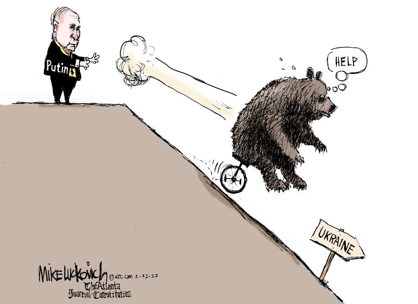 ambiguous_gender black_nose brown_body brown_fur claws cliff clothing duo feral fur male political_cartoon politics pushing road_sign russia russian simple_background suit text thought_bubble ukraine unicycle vehicle war white_background mike_luckovich russo-ukrainian_war vladimir_putin bear human mammal 2022 absurd_res english_text hi_res