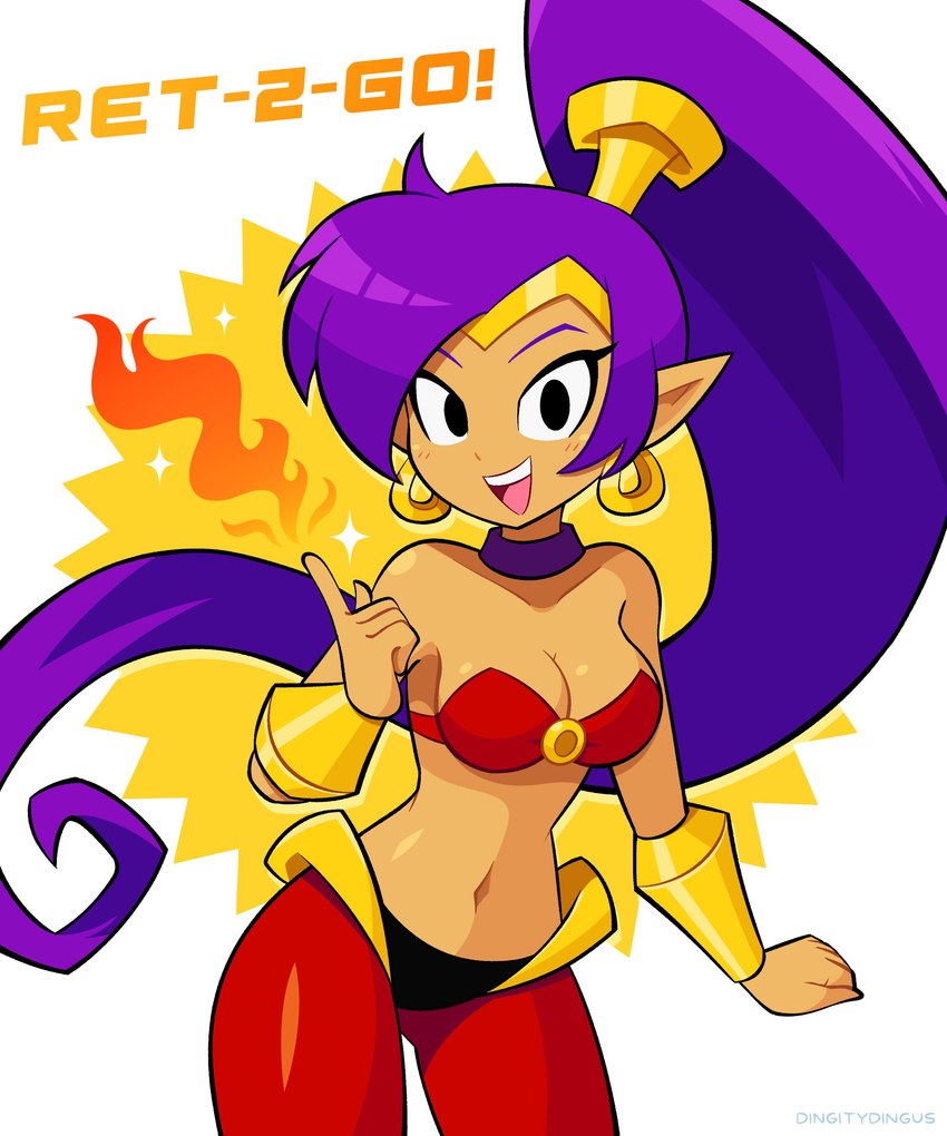 breasts cleavage clothed clothing ear_piercing ear_ring female fire hair humanoid_pointy_ears long_hair looking_at_viewer not_furry open_mouth open_smile piercing pointy_ears ponytail purple_hair ring_piercing simple_background smile solo tan_body tan_skin text dingitydingus shantae_(series) wayforward shantae genie humanoid 5:6 absurd_res english_text hi_res signature