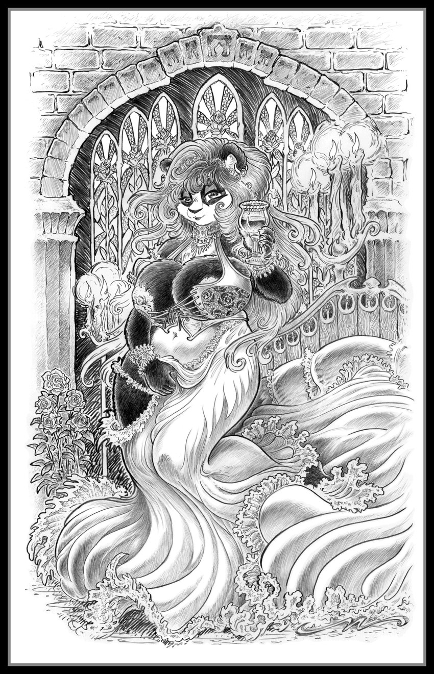 anthro areola bed beverage big_breasts biped breasts candle choker cleavage clothed clothing covering covering_crotch detailed_background dress ear_piercing ear_ring female flower furniture hair hatching holding_beverage holding_glass holding_object huge_breasts jewelry lidded_eyes long_hair looking_at_viewer midriff navel necklace nipples piercing plant ring_piercing rose_(flower) smile solo stained_glass lachland-nightingale bear giant_panda mammal absurd_res hi_res pen_(artwork) traditional_media_(artwork)