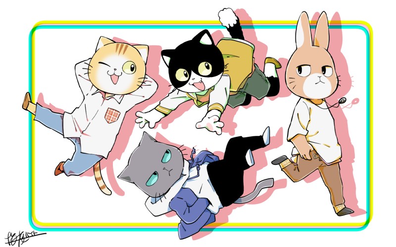 anthro black_body black_fur clothed clothing fur green_eyes looking_at_viewer male multicolored_body multicolored_fur two_tone_body two_tone_fur whiskers white_body white_fur baitotackey working_buddies! kuehiko_roshihara rufuta_hachitani tapio_chatarozawa uwaharu_nezazono felid lagomorph leporid mammal rabbit 16:10 hi_res widescreen