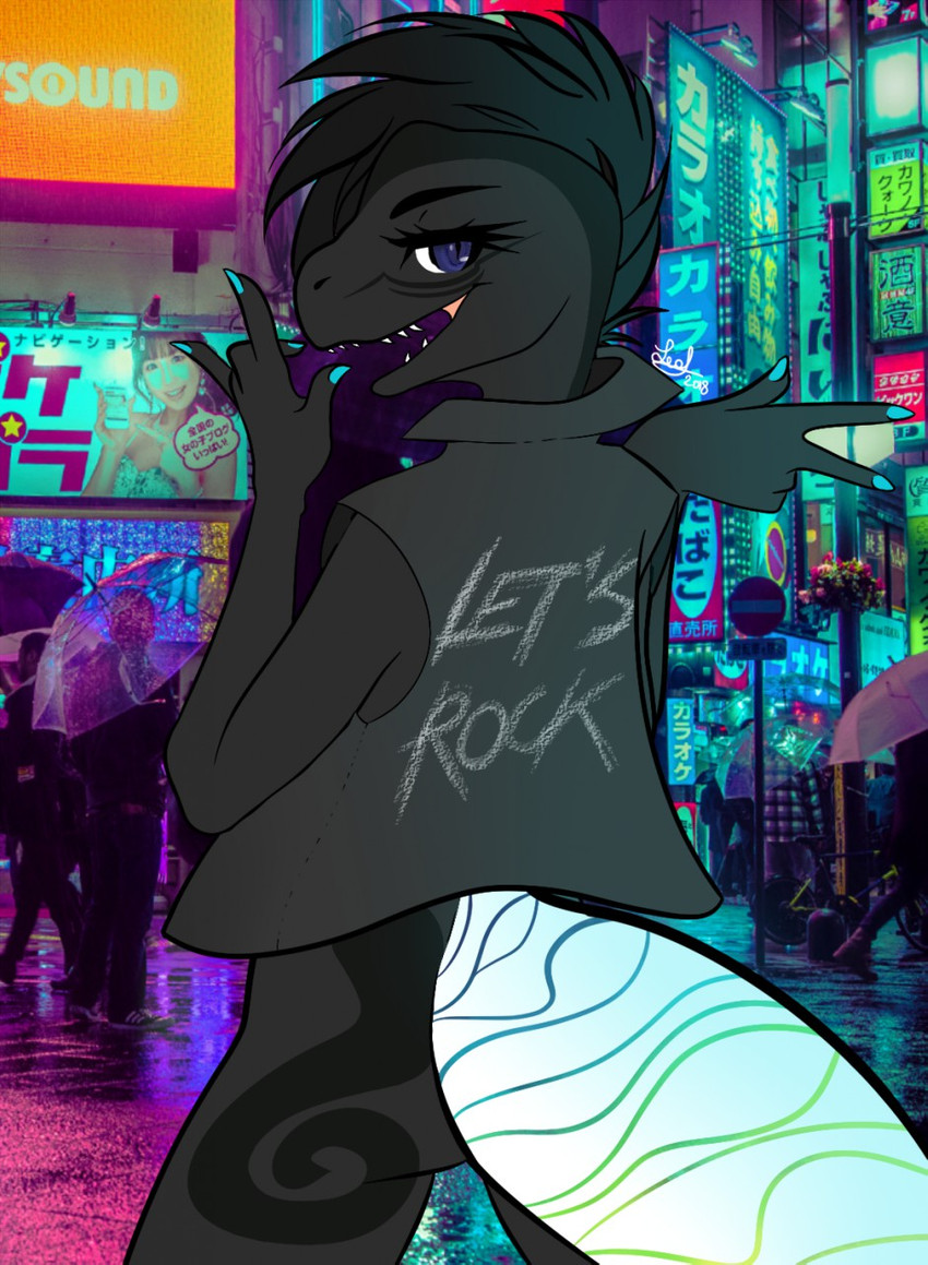 anthro black_hair butt butt_pose clothed clothing colored_nails detailed_background hair looking_at_viewer looking_back male nails open_mouth pose purple_eyes solo teeth text leaf_(artist) keiichi dinosaur dromaeosaurid prehistoric_species reptile scalie theropod velociraptor 2020 digital_media_(artwork) english_text hi_res japanese_text