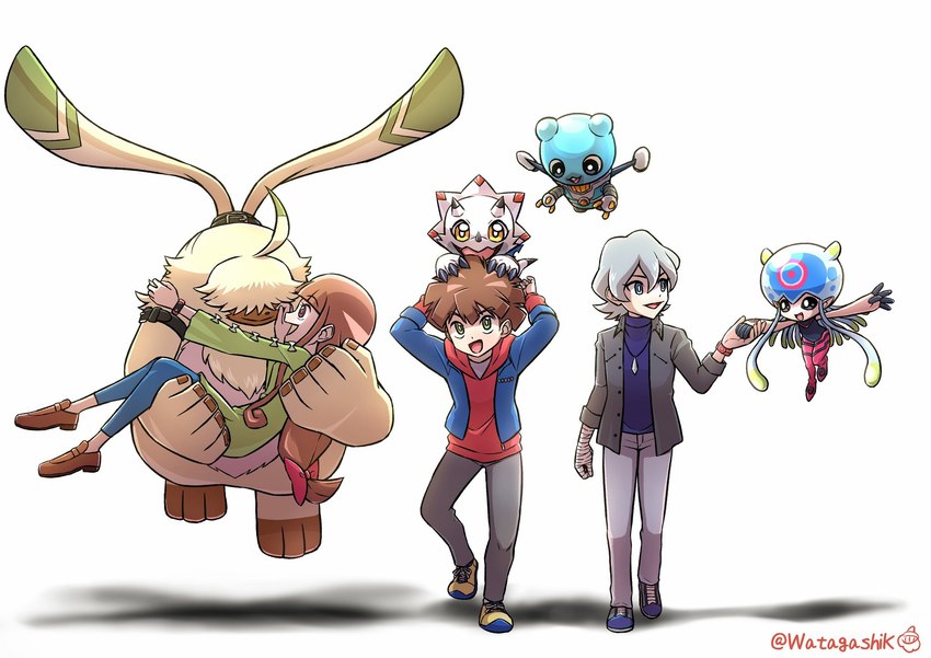 anthro belt bridal_carry brown_hair carrying_another female fur grey_hair group hair hair_over_eyes long_ears male tentacles white_body yellow_body yellow_fur watagashikn bandai_namco digimon digimon_ghost_game hiro_amanokawa kiyoshiro_higashimitarai ruri_tsukiyono angoramon digimon_(species) espimon gammamon human humanoid jellymon mammal hi_res