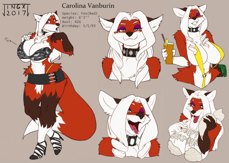 anthro beverage big_breasts bikini biped breasts cleavage clothed clothing collar female footwear frosting high_heels one-piece_swimsuit shoes sling_bikini solo swimwear text tongue tongue_out two-piece_swimsuit jingx1 carolina_vanburin_(chasm006) canid canine fox mammal 2017 hi_res