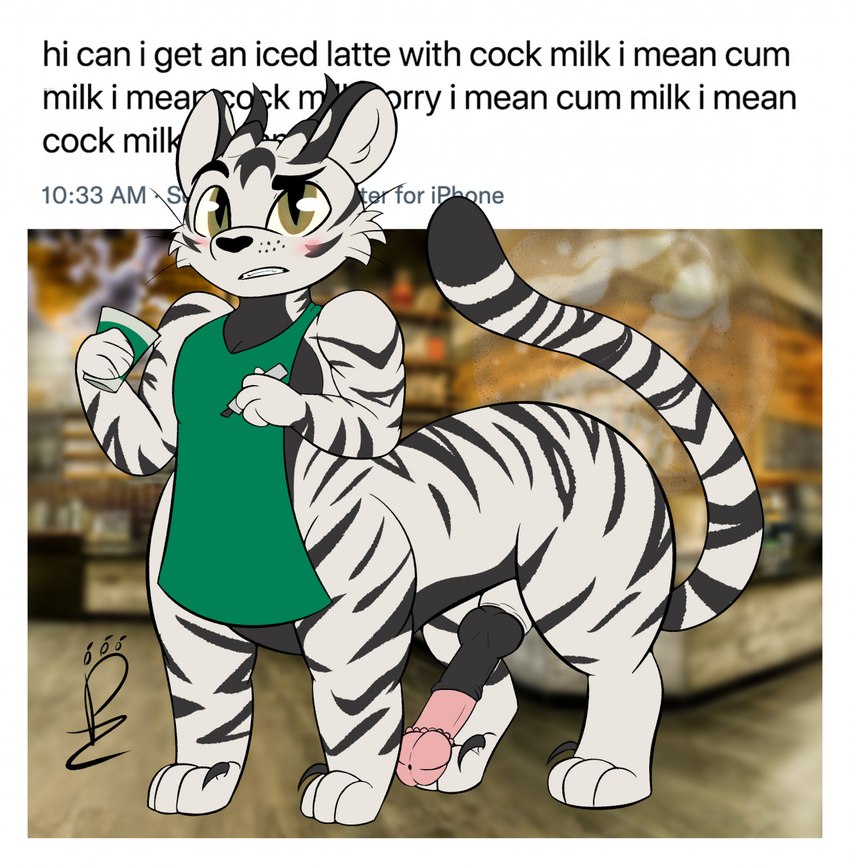 animal_genitalia animal_penis apron apron_only blurred_background blush clothing digitigrade dipstick_tail erection eyebrows fur genitals holding_object humor hybrid_genitalia hybrid_penis male markings penis photo_background quadruped raised_eyebrow solo standing striped_body striped_fur stripes tail tail_markings text white_body white_fur 4foxsakes i_mean_breast_milk adux felid felid_taur mammal mammal_taur pantherine pantherine_taur taur tiger tiger_taur 2021 digital_drawing_(artwork) digital_media_(artwork) english_text flat_colors hi_res meme photography_(artwork) signature