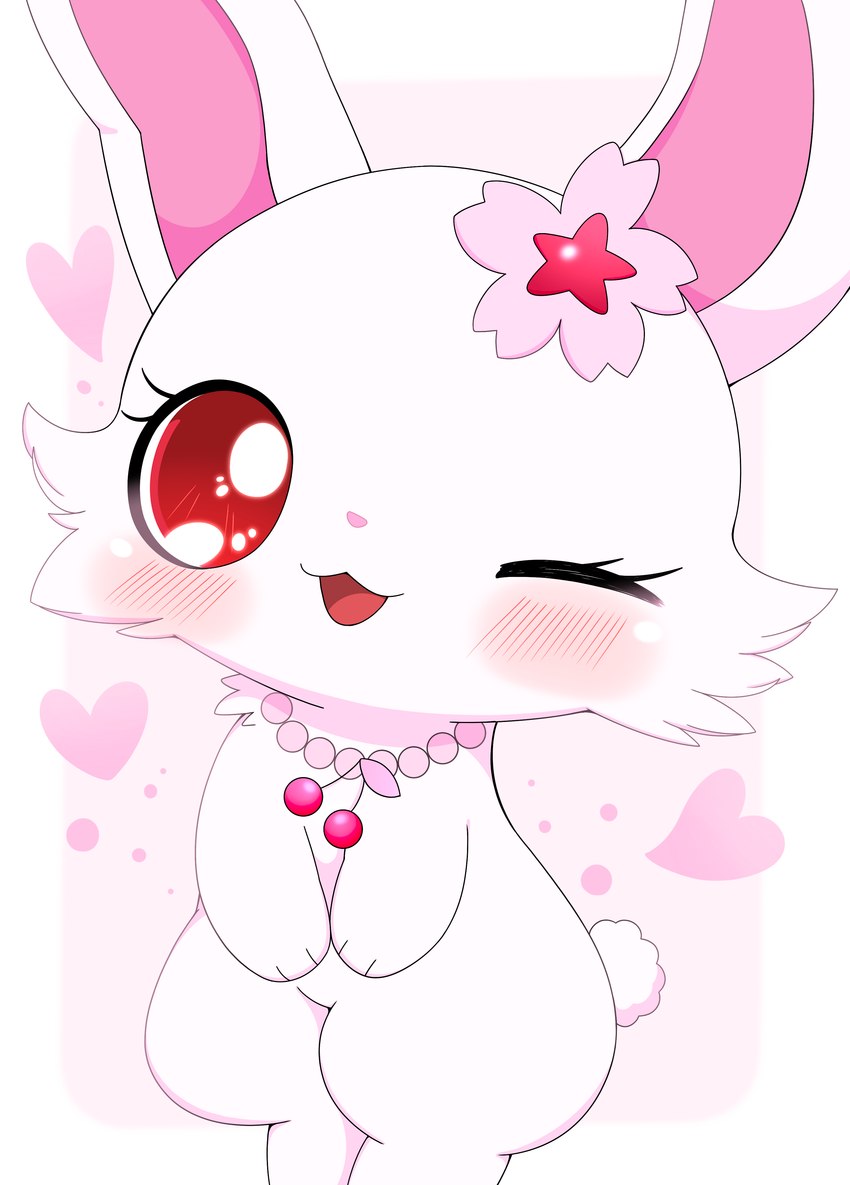 accessory anthro blush border female female_anthro flower flower_in_hair fur hair hair_accessory heart_symbol jewelry looking_at_viewer necklace one_eye_closed outside_border pink_background plant red_eyes semi-anthro simple_background solo white_body white_border white_fur wink winking_at_viewer azuo jewelpet sanrio sega sega_fave ruby_(jewelpet) lagomorph leporid mammal rabbit absurd_res hi_res