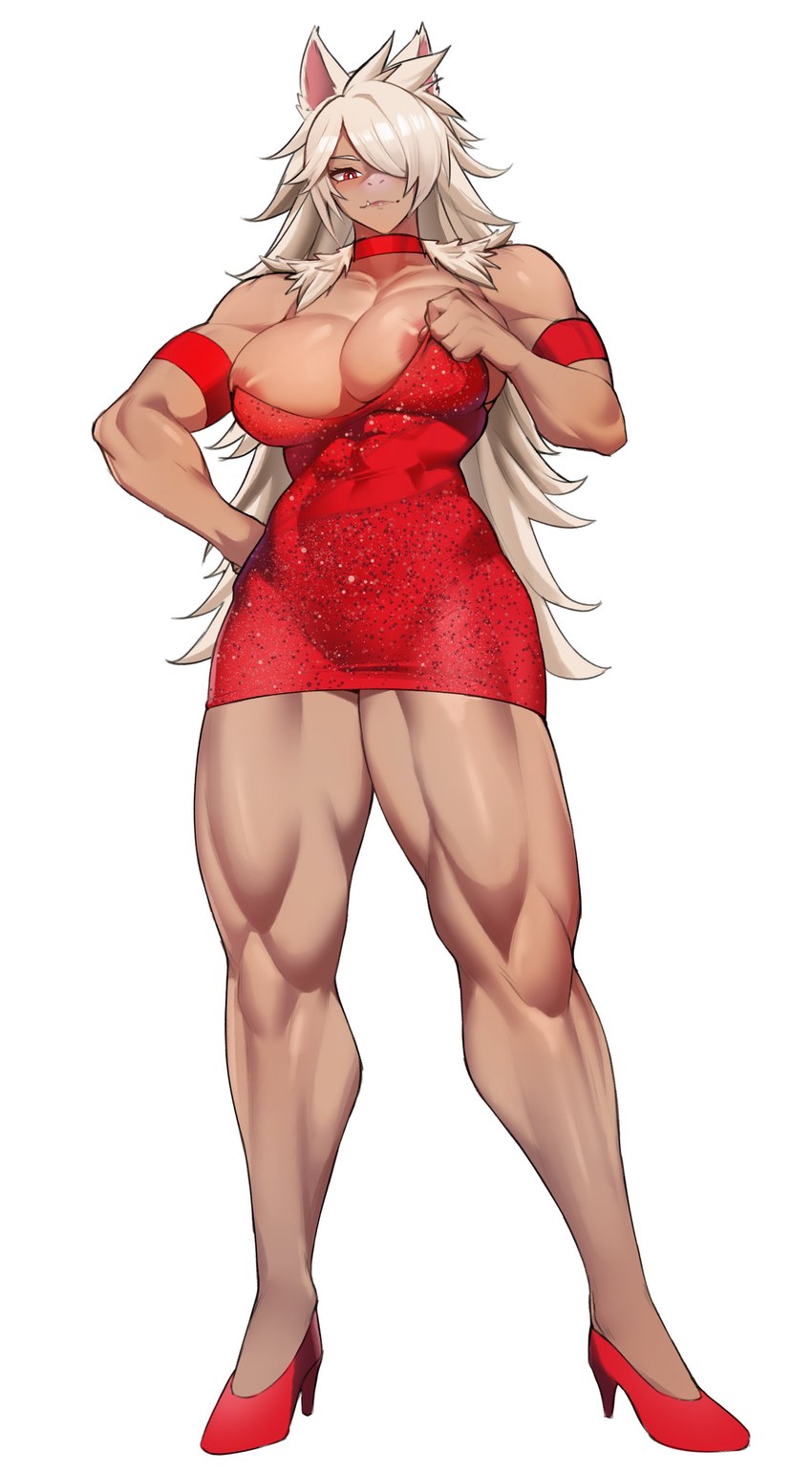 areola big_breasts biped breasts cleavage clothed clothing dress eyelashes female footwear hair hair_over_eye hand_on_hip high_heels looking_at_viewer muscular muscular_female nipples pupils red_clothing red_dress shoes simple_background solo thick_thighs white_background gojich1 animal_humanoid cat_humanoid felid felid_humanoid feline feline_humanoid humanoid mammal mammal_humanoid absurd_res hi_res