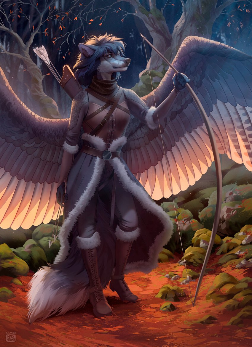 anthro arrow_(weapon) biped black_hair boots bow_(weapon) clothed clothing detailed_background feathered_wings feathers female footwear forest fully_clothed fur grey_body grey_fur hair plant quiver_(object) ranged_weapon shoes solo standing tree weapon white_body wings marie_merkh hioshiru_(character) canid canine canis enfield mammal wolf hi_res