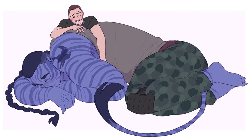 duo male size_difference sleeping striped_body stripes blackhlesun1 james_cameron's_avatar jake_sully miles_quaritch alien human humanoid mammal na'vi hi_res