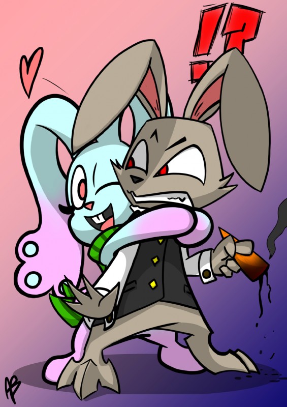 anthro clothed clothing duo exclamation_point female heart_symbol hug male male/female question_mark red_eyes simple_background abtp lagomorph leporid mammal rabbit hi_res