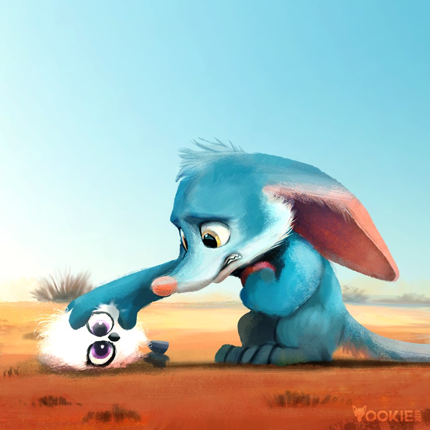 ambiguous_gender beak black_beak blue_body blue_ears blue_fur blue_tail clear_sky day desert dessert detailed_background duo food fur grass male on_ground outside pink_ears pink_eyes pink_inner_ear pink_nose plant sky tail white_body white_fur yellow_eyes yookie bilby_(dreamworks) baby_albatross_(bilby) perry_(bilby) bandicoot bilby mammal marsupial 1:1 2019 dated digital_media_(artwork) digital_painting_(artwork) hi_res signature