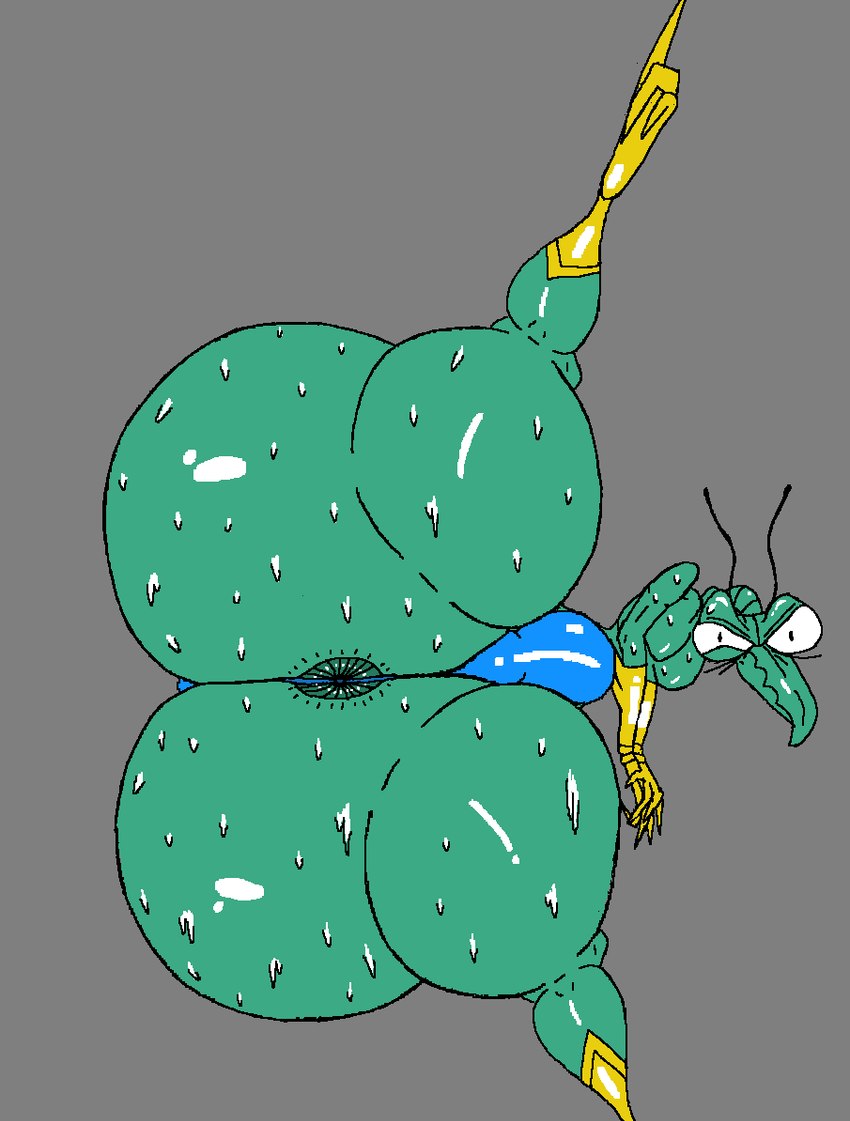 3_toes 4_fingers antennae_(anatomy) anthro anus anus_behind_thong big_butt bodily_fluids bulge butt clothing feet fingers footwear glistening glistening_body gloves handwear lying male on_side solo spread_legs spreading sweat thong toes underwear plamzdoom hanna-barbera space_ghost_(series) zorak_(space_ghost) arthropod dokarian insect mantis digital_media_(artwork) flat_colors