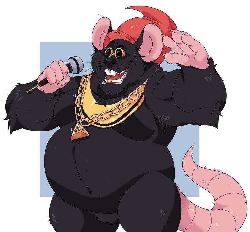 anthro belly big_belly black_body clothing eyewear glasses hat headgear headwear humanoid_hands male moobs overweight overweight_male solo lewdookami barnyard_(series) nickelodeon biggie_cheese mammal murid murine rat rodent 2022 hi_res