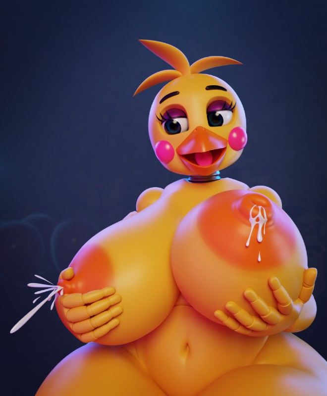 5_fingers anthro areola beak big_areola big_breasts big_nipples biped blue_eyes blush blush_stickers bodily_fluids breasts curvy_figure doll_joints eyelashes eyeshadow female fingers front_view half-closed_eyes head_tuft holding_breast huge_breasts humanoid_hands lactating machine makeup milk narrowed_eyes navel nipples non-mammal_breasts nude open_beak open_mouth open_smile orange_areola orange_nipples purple_eyeshadow smile solo tongue tuft voluptuous wide_hips yellow_body mipsmiyu five_nights_at_freddy's five_nights_at_freddy's_2 scottgames runaboo_chica toy_chica_(fnaf) animatronic avian bird chicken galliform gallus_(genus) phasianid robot 2019 3d_(artwork) digital_media_(artwork) half-length_portrait hi_res portrait