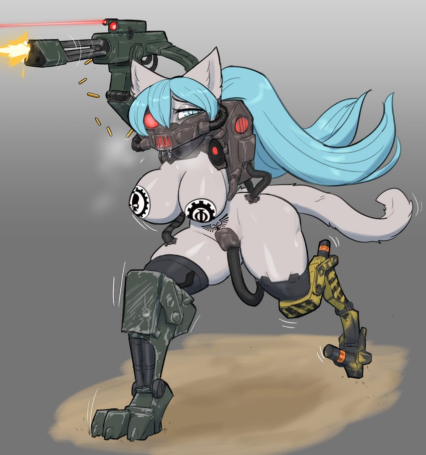 2_artificial_limbs 2_missing_limbs amputee anthro big_breasts blue_eyes blue_hair bodily_fluids body_control breasts bullet_casing claws collar cosplay cybernetic_face cybernetic_leg cybernetic_limb cybernetics disability drooling female fluffy fluffy_tail gas_mask gatling_gun grey_body gun hair laser_pointer looking_at_viewer machine machine_gun mask minigun missing_all_arms mostly_nude pasties prosthetic prosthetic_leg prosthetic_limb quadruple_amputee ranged_weapon running saliva scope shooting shooting_gun slave slave_warrior small_waist solo spread_legs spreading steam submissive submissive_female sweat tail thick_thighs tube weapon womb_tattoo psakorn_tnoi darktide warhammer_(franchise) warhammer_40000 hochune_meowku cyborg domestic_cat felid feline felinid felis mammal servitor 2023 hi_res story story_in_description