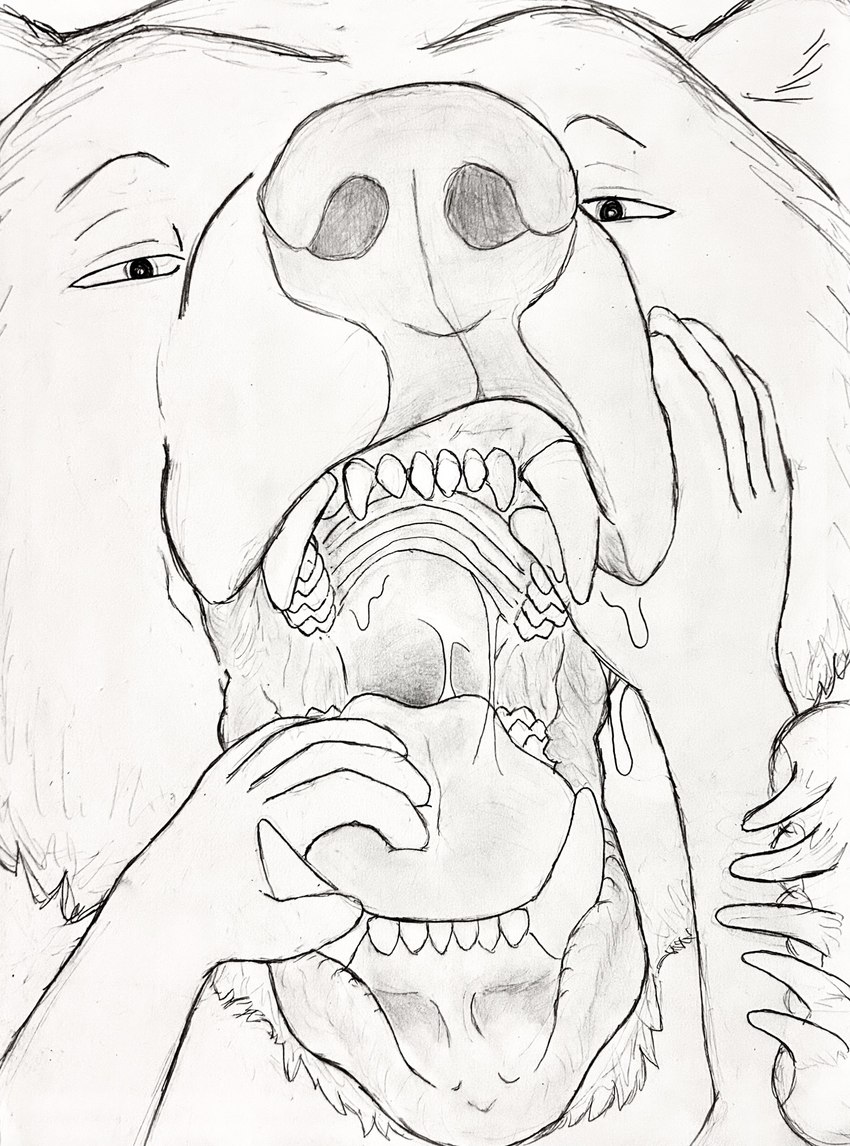 anthro bodily_fluids claws drooling duo feral hand_on_mouth hand_on_tongue larger_feral larger_male licking male male/male mouth_play mouth_shot on_tongue open_mouth saliva size_difference smaller_human smaller_male teeth throat tongue tongue_out hgythshs bear human mammal hi_res sketch