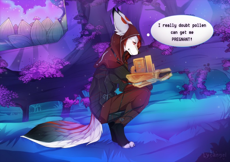 anthro black_nose clothed clothing corusca_thraka crouching female hair night omni-tool outside red_eyes red_hair sky solo star starry_sky text lycangel canid canine mammal 2016 english_text