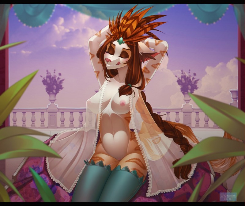 anthro areola biped breasts clothed clothing eyes_closed female genitals hands_above_head legwear navel nipples one_breast_out open_clothing open_shirt open_topwear pussy shirt solo standing thigh_highs topwear gizmo0sue solicia canid canine mammal 2016