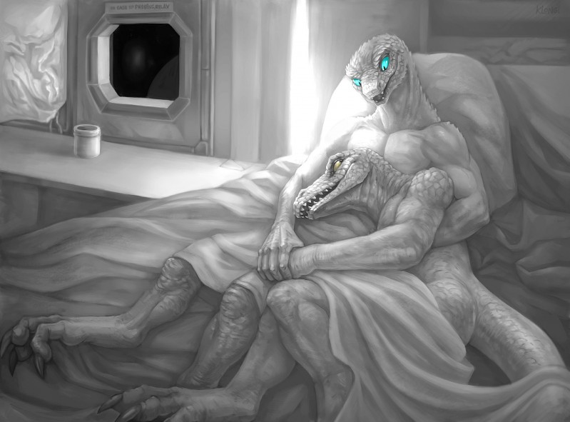 3_toes 5_fingers anthro barefoot bed bed_sheet bedding biceps blue_eyes claws container cuddling cup detailed_background duo feet fingers furniture hand_holding inside lying male male/male muscular muscular_male nude on_back on_bed on_side open_mouth pecs pillow pupils scales sharp_teeth slit_pupils smile space spacecraft teeth toe_claws toes under_covers vehicle vein window yellow_eyes klongi brev heljek crocodile crocodilian reptile scalie snake hi_res monochrome spot_color