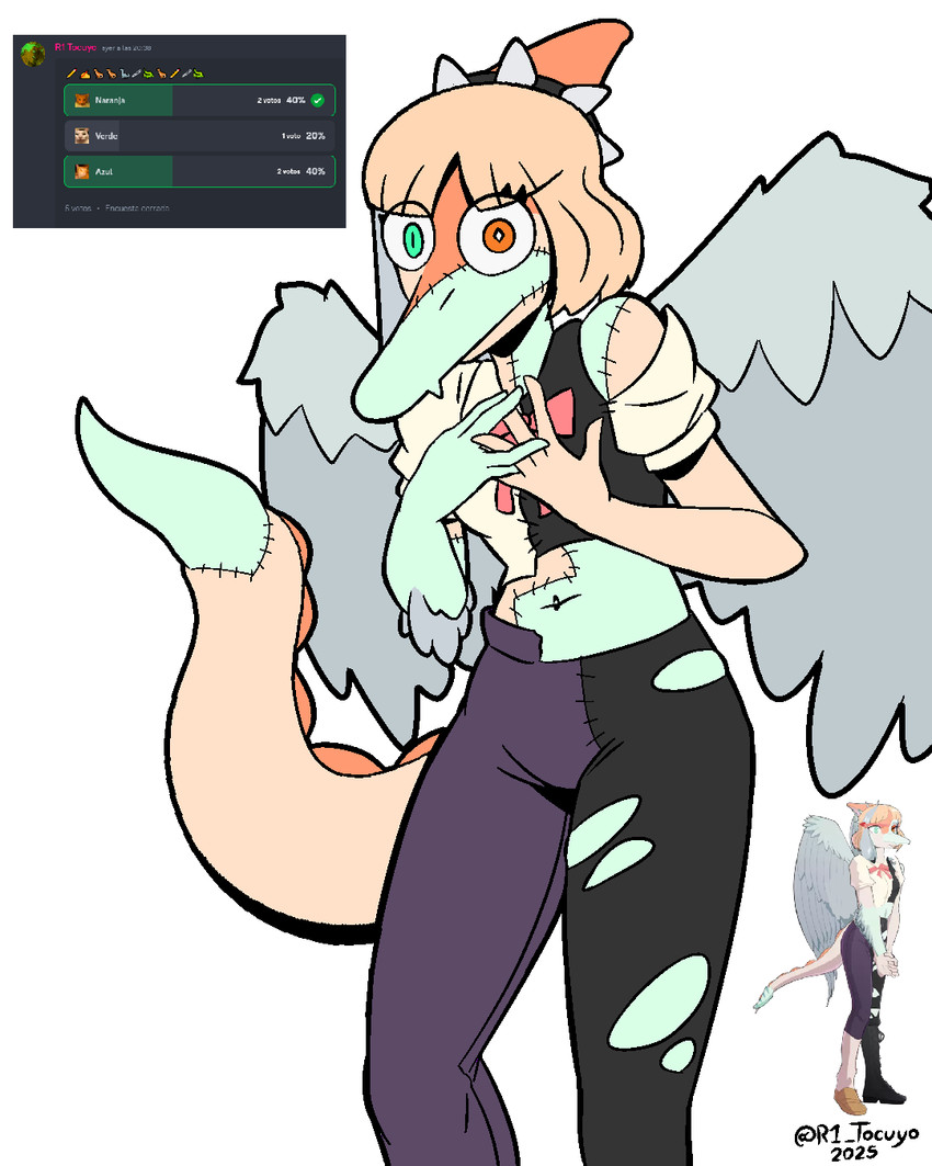 5_fingers anthro blonde_hair bone_frill bottomwear clothing duo elbow_feathers eyelashes feathered_wings feathers female fingers frill_(anatomy) fusion green_eyes grey_body grey_feathers grey_scales hair long_tail looking_at_viewer midriff multicolored_body multicolored_scales navel orange_body orange_eyes orange_scales pants scales short_hair simple_background snout spiked_tail spikes spikes_(anatomy) stitch_(sewing) tail tan_body tan_scales text torn_bottomwear torn_clothing torn_pants white_background wings r1_tocuyo cavemanon_studios discord_(app) goodbye_volcano_high ko_op_(game_developer) snoot_game fang_(gvh) frankenstein's_monster naomi_(gvh) dinosaur hadrosaurid ornithischian ornithopod parasaurolophus prehistoric_species pterodactylus pterosaur reptile scalie 2025 4:5 artist_name dated digital_drawing_(artwork) digital_media_(artwork) hi_res reference_image signature