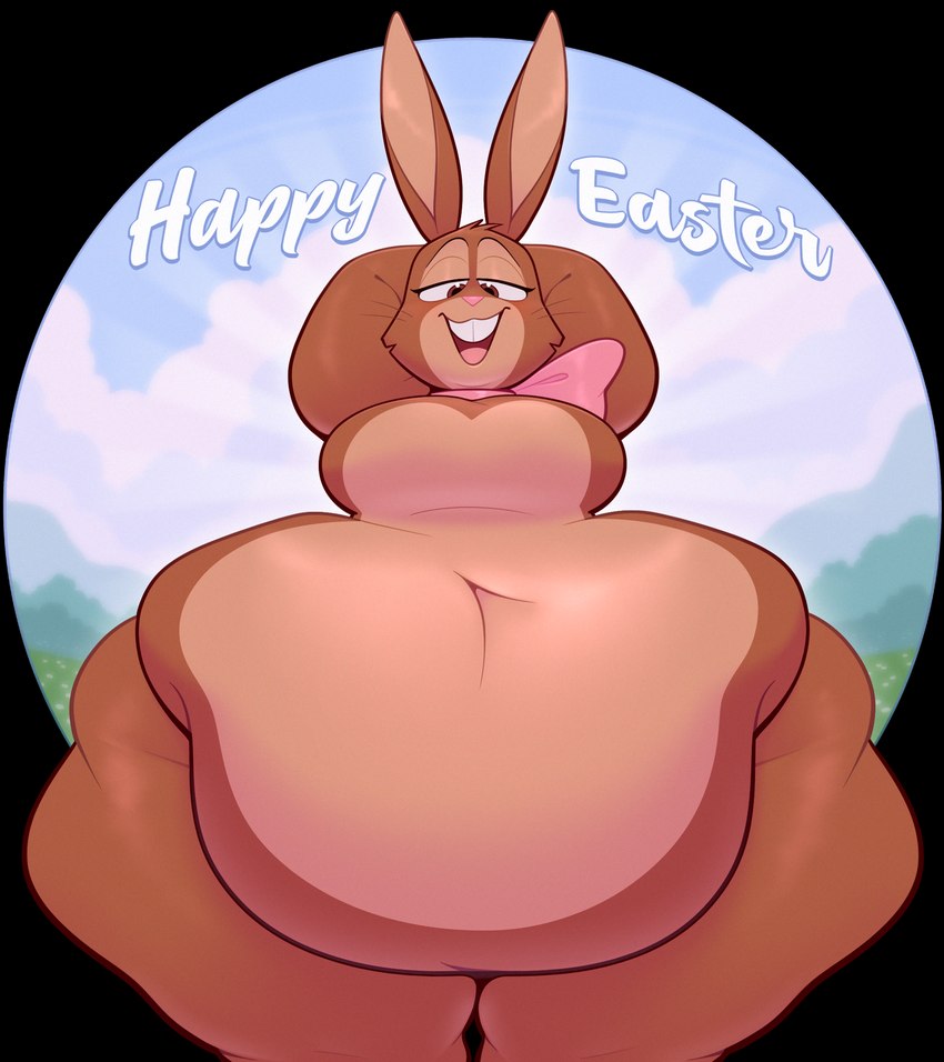 anthro belly big_belly big_breasts breasts brown_body brown_fur female fur holidays looking_at_viewer mascot narrowed_eyes navel nude obese overweight overweight_anthro overweight_female ribbons smile solo text thick_thighs wide_hips ridiculouscake cadbury easter cadbury_bunny lagomorph leporid mammal rabbit 2022 alpha_channel colored digital_drawing_(artwork) digital_media_(artwork) english_text hi_res