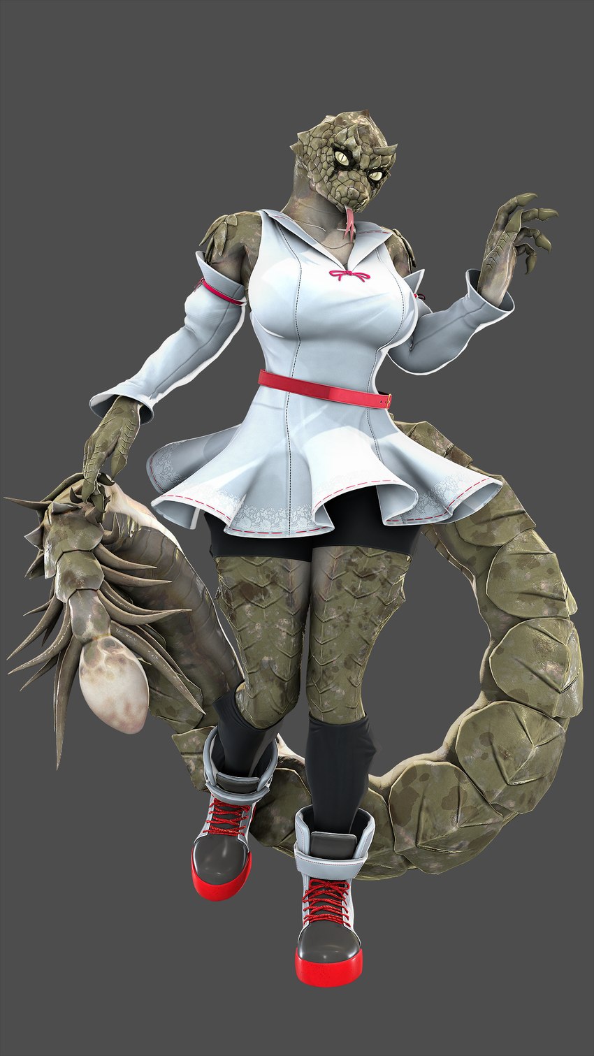 5_fingers anthro arm_tuft armwear boots bottomwear breasts clothed clothing detached_sleeves dress female fingers footwear forked_tongue green_body green_scales humanoid_hands modelling scales shoes shorts shoulder_tuft solo standing tail tongue tongue_out tuft petruz petruz_(copyright) alma_(petruz) horned_viper reptile scalie snake viper 2024 3d_(artwork) 9:16 absurd_res blender_(artwork) digital_media_(artwork) hi_res