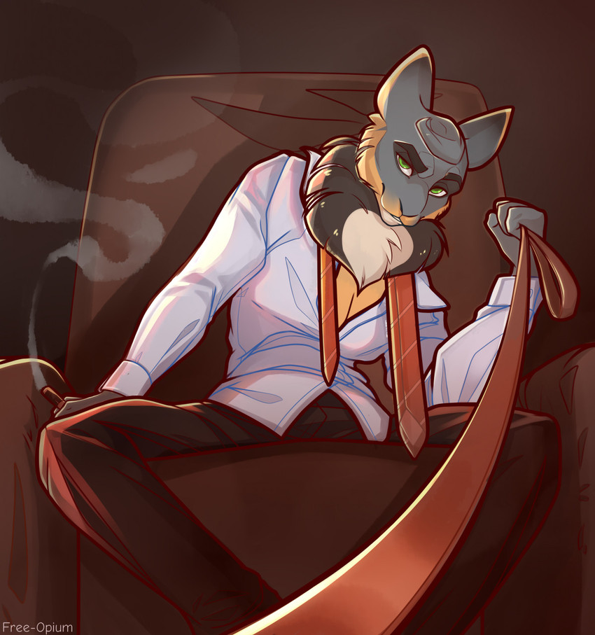 anthro biped brown_leash chair cigar clothed clothing first_person_view furniture green_eyes holding_leash holding_object leash leashed_pov male necktie sitting smoke solo free-opium lagomorph leporid mammal rabbit 2021 hi_res signature