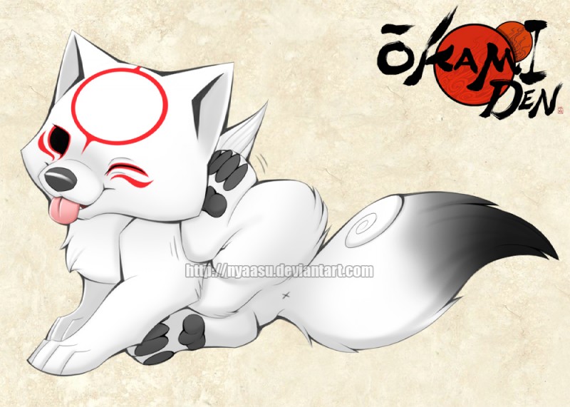 ambiguous_gender anus feet feral fluffy fur hindpaw one_eye_closed paws quadruped scratching scratching_head solo text tongue tongue_out white_body white_fur young nyaasu capcom clover_studio okami_(capcom) chibiterasu_(okami) canid canine canis deity mammal wolf distracting_watermark url watermark