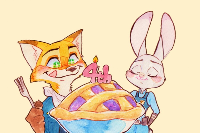 anthro blush candle cheek_tuft clothing cutlery dessert duo eyes_closed facial_tuft fire food fork fur green_eyes grey_body grey_fur holding_object inner_ear_fluff kitchen_utensils licking licking_lips licking_own_lips napkin orange_body orange_fur pastry pie police police_uniform self_lick simple_background smile tan_background tongue tongue_out tools tuft uniform strawberry628_(artist) disney zootopia judy_hopps nick_wilde canid canine fox lagomorph leporid mammal rabbit red_fox true_fox 2020