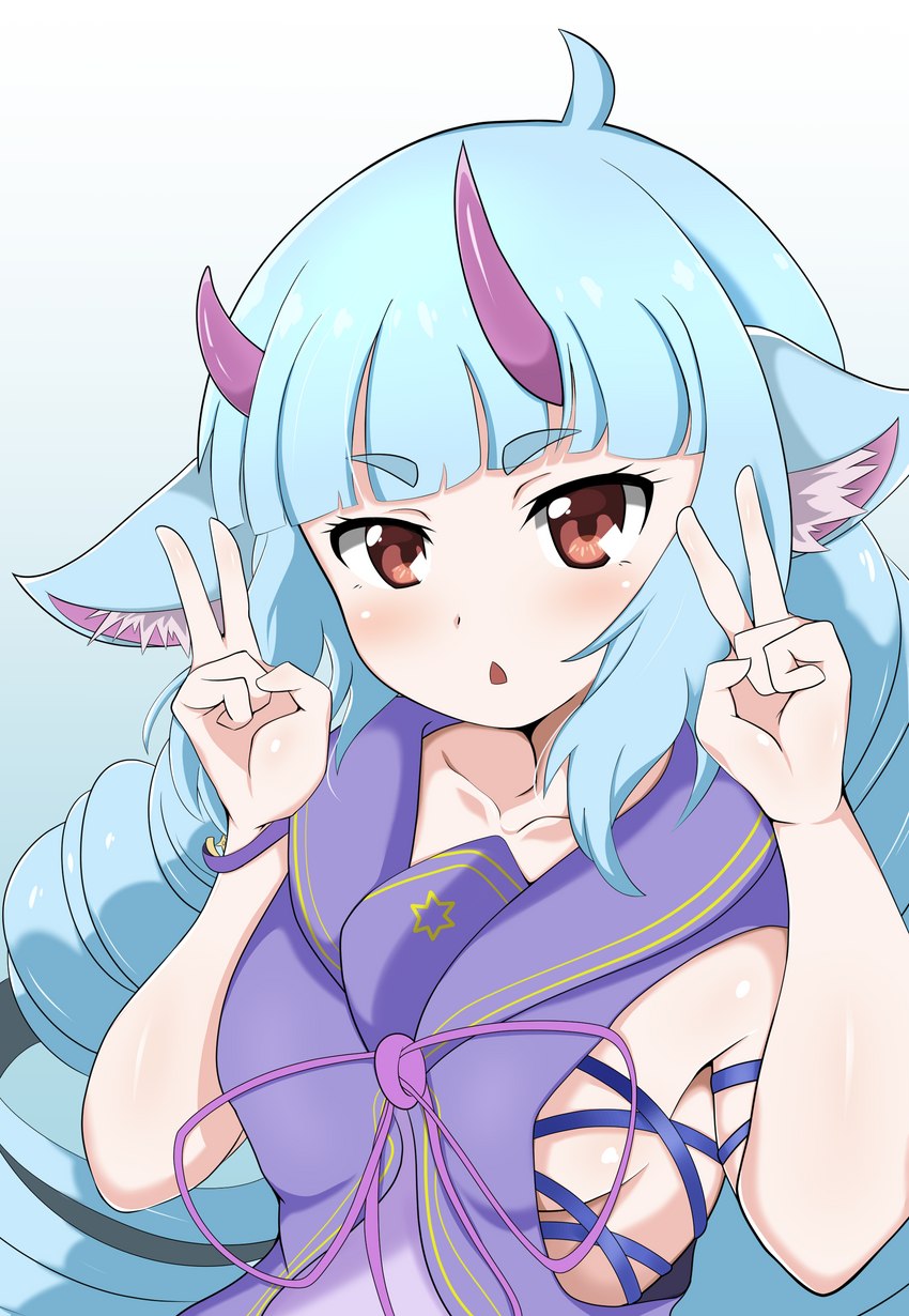 blue_hair blush breasts clothing dress female hair horn long_hair open_mouth wumbo_(artist) mythology sanrio show_by_rock!! delmin_(show_by_rock!!) animal_humanoid demon dragon dragon_humanoid humanoid mythological_creature mythological_scalie scalie absurd_res hi_res