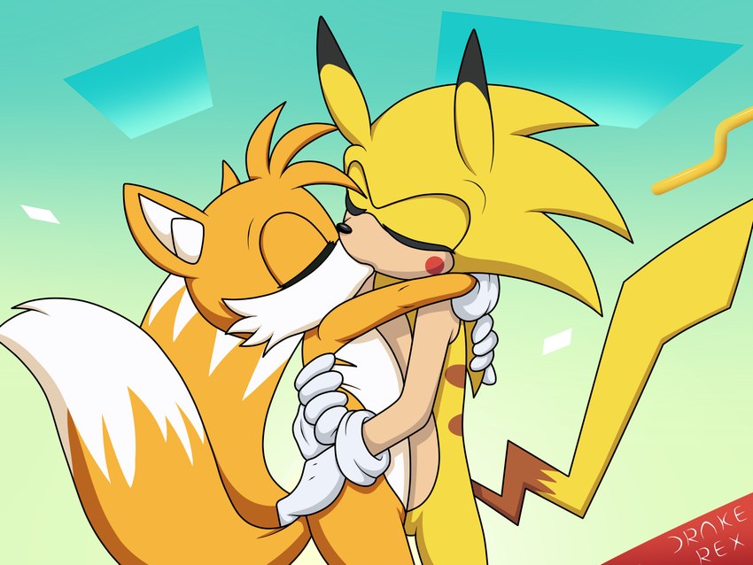 2_tails anthro duo eyes_closed kissing male male/male multi_tail orange_body tail two_tone_tail yellow_body drake-rex nintendo pokemon sega sonic_the_hedgehog_(series) sonichu_(series) fan_character miles_prower sonichu_(character) canid canine eulipotyphlan fox generation_1_pokemon hedgehog mammal pikachu pokemon_(species) 4:3 hi_res