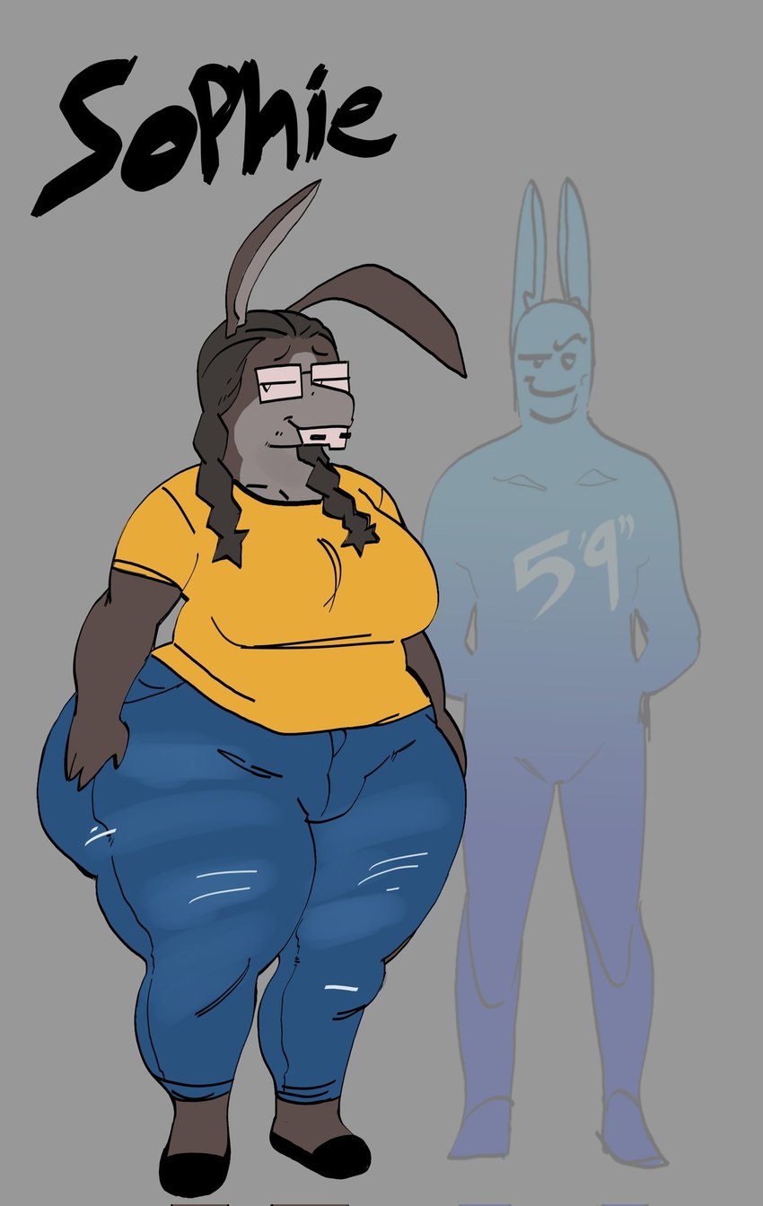 anthro big_breasts big_butt bottomwear braces breasts brown_body brown_fur butt clothed clothing denim denim_bottomwear denim_clothing eyewear female front_view fully_clothed fur glasses huge_butt huge_thighs jeans long_ears nerd pants pigtails rectangular_glasses shirt solo standing t-shirt thick_thighs topwear mooncheese sophie_(mooncheese) equid equine hybrid mammal mule hi_res