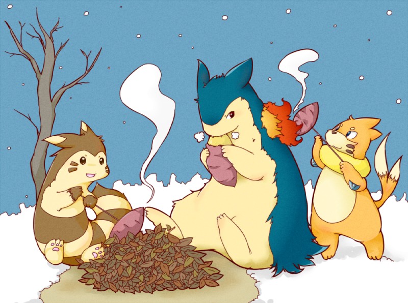 ambiguous_gender feral fire food group outside plant sitting snow sweet_potato vegetable kinoko nintendo pokemon buizel furret generation_2_pokemon generation_4_pokemon mammal mustelid pokemon_(species) typhlosion