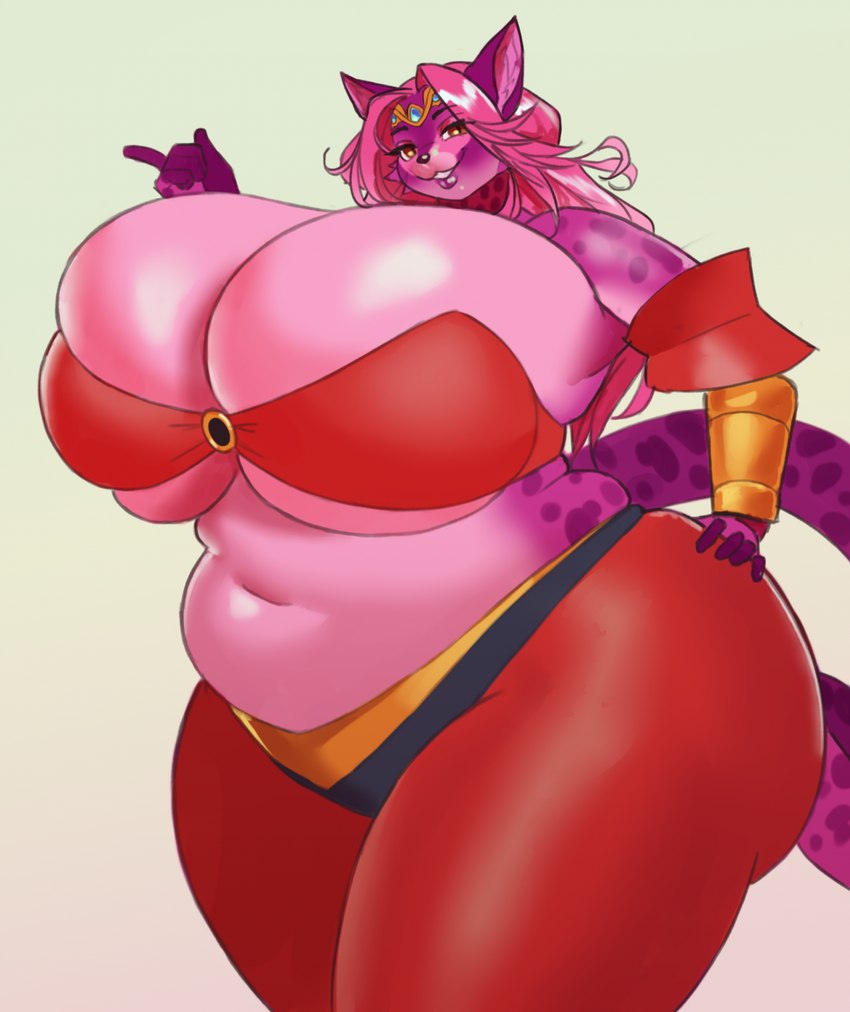 anthro belly big_belly big_breasts bottomwear breasts clothed clothing female fingers fur hair huge_breasts huge_hips huge_thighs hyper hyper_breasts long_hair looking_at_viewer navel overweight overweight_anthro overweight_female pants pink_body pink_fur pink_hair purple_body purple_fur simple_background solo thick_thighs topwear under_boob white_background wide_hips odisia felid feline mammal hi_res portrait three-quarter_portrait