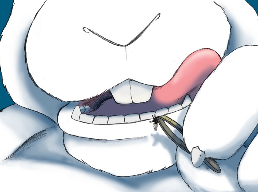 anthro buckteeth claws close-up duo extreme_size_difference finger_claws forceps fur licking licking_lips male medical_instrument micro mouth_shot open_mouth paws scientific_instrument size_difference surgical_instrument teeth tongue tweezers white_body white_fur quinn_(artist) conejito lagomorph leporid mammal rabbit