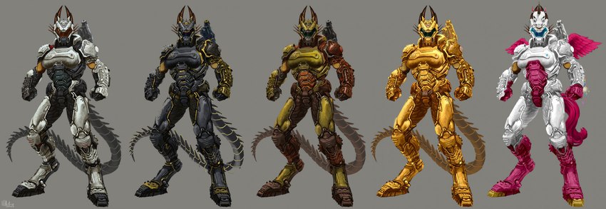 anthro armor breasts clothing cybernetics female group hell horn machine suit tail weapon hilloty doom_(series) id_software microsoft mythology sulfur_(hilloty) cyborg dragon mythological_creature mythological_scalie scalie 2024 absurd_res hi_res